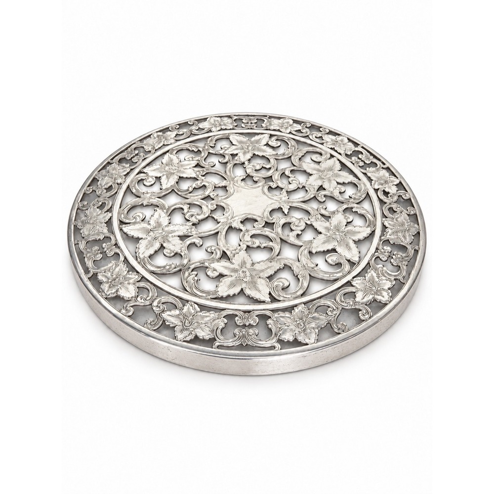 Webster Co Sterling Silver 6 Inch Floral Scroll Pierced Trivet Coaster Vintage